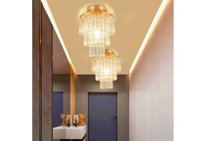 oyajia Deckenleuchte 2 Stück Goldene Kristall Kronleuchter, 3-stufige Deckenleuchte E14, LED wechselbar, Ø20x28cm Chrom-Stil Deckenleuchte, Mini Unterputz-Deckenleuchte von oyajia