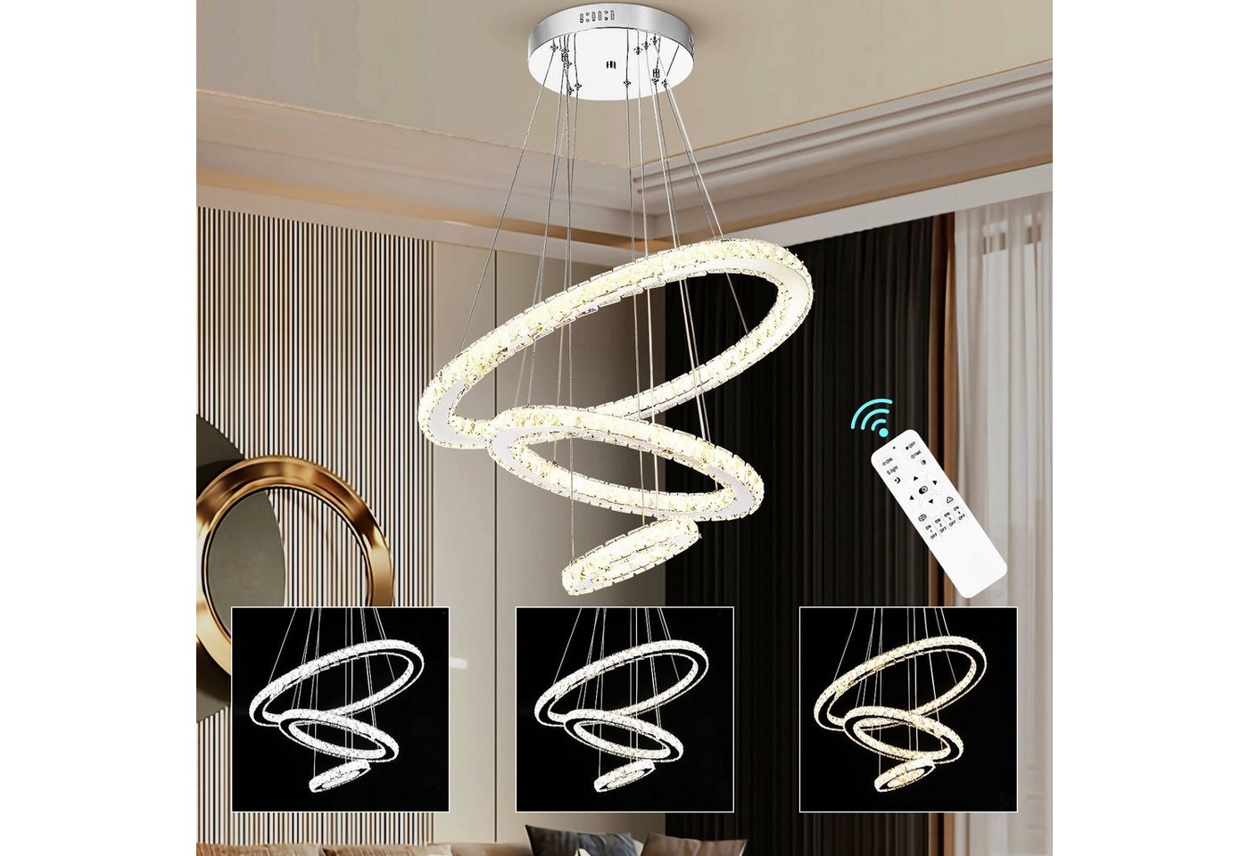 oyajia Deckenleuchte 36W/60W LED Deckenlampe, Kristall Kronleuchter Ring Pendelleuchte, LED fest integriert, Kaltweiß/Naturweiß/Warmweiß, Dimmbar mit Fernbedienung, für Wohnzimmer Schlafzimmer Restaurant Hotel von oyajia