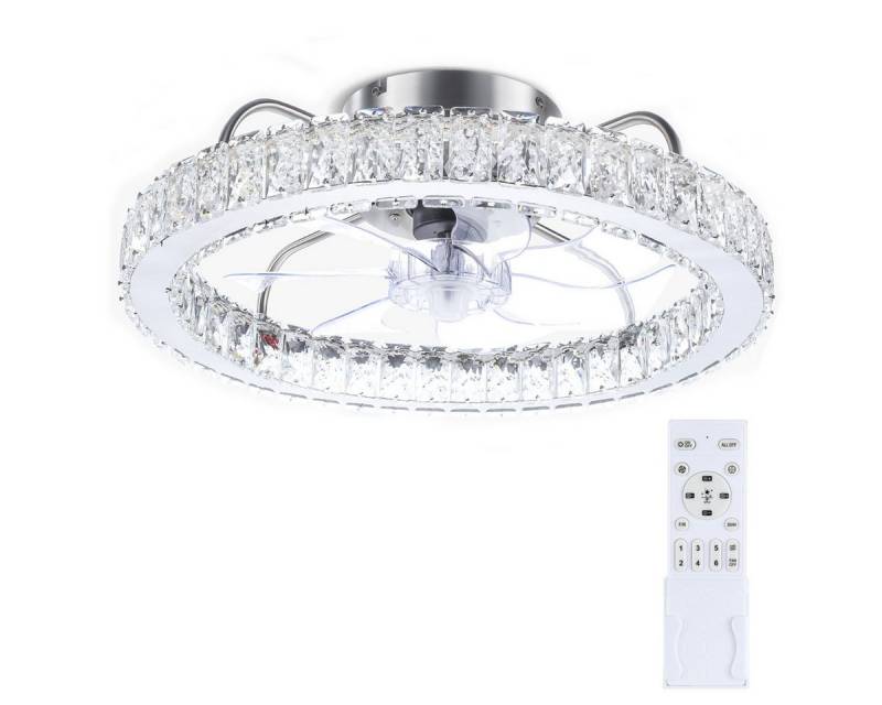 oyajia Deckenleuchte 36W LED Deckenlampe Deckenventilator, 6-stufiger Lüfter, Ø50cm, Kristall-Lampenschirm, LED fest integriert, Kaltweiß/Naturweiß/Warmweiß, LED Decken Ventilator Leuchte,Dimmbare LED-Beleuchtung für den Innen von oyajia