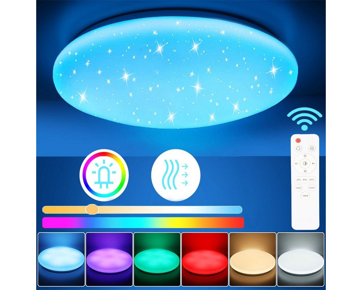 oyajia Deckenleuchte 36W RGB LED Deckenleuchte Sternenhimmel-Effekt Farbwechsel Deckenlampe, LED fest integriert, RGB Farbwechsel (3000~6500K), Dimmbar mit Fernbedienung, IP44 Wasserfest für Küche Wohnzimmer Bad von oyajia