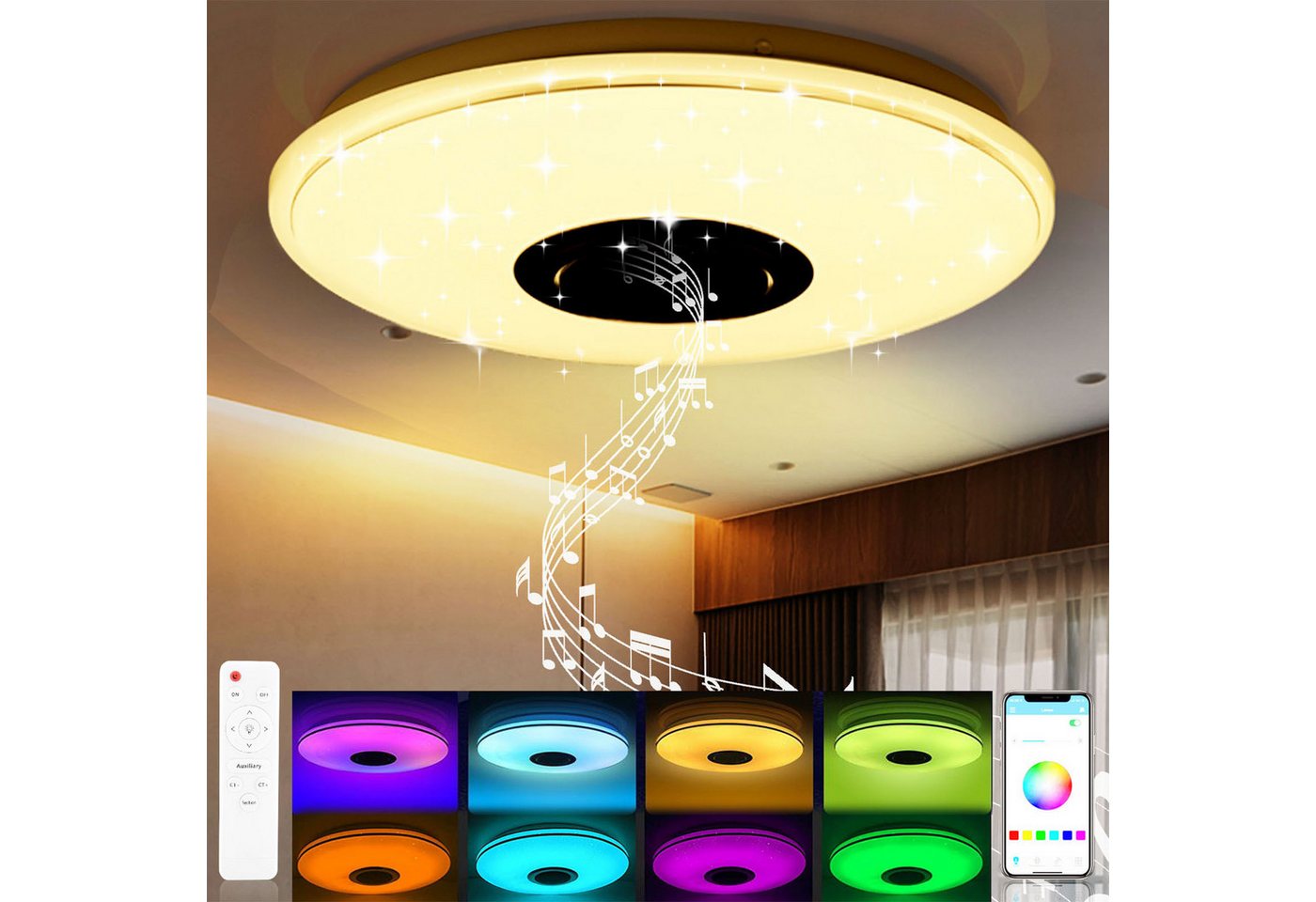 oyajia Deckenleuchte 38W/60W RGB LED Deckenlampe Dimmbar, mit Bluetooth Lautsprecher, LED fest integriert, RGB Farbwechsel (3000~6500K), Dimmbar mit Fernbedienung /APP-Steuerung, Wohnzimmer Schlafzimmer Lampe von oyajia