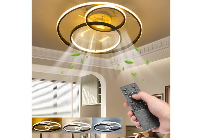 oyajia Deckenleuchte 50W Leise Deckenventilator 6 Geschwindigkeiten, 3-Ring-Deckenleuchte, LED fest integriert, Warmweiß, Naturweiß, Kaltweiß, LED Deckenbeleuchtung mit Ventilator für Wohnzimmer Schlafzimmer Küche von oyajia