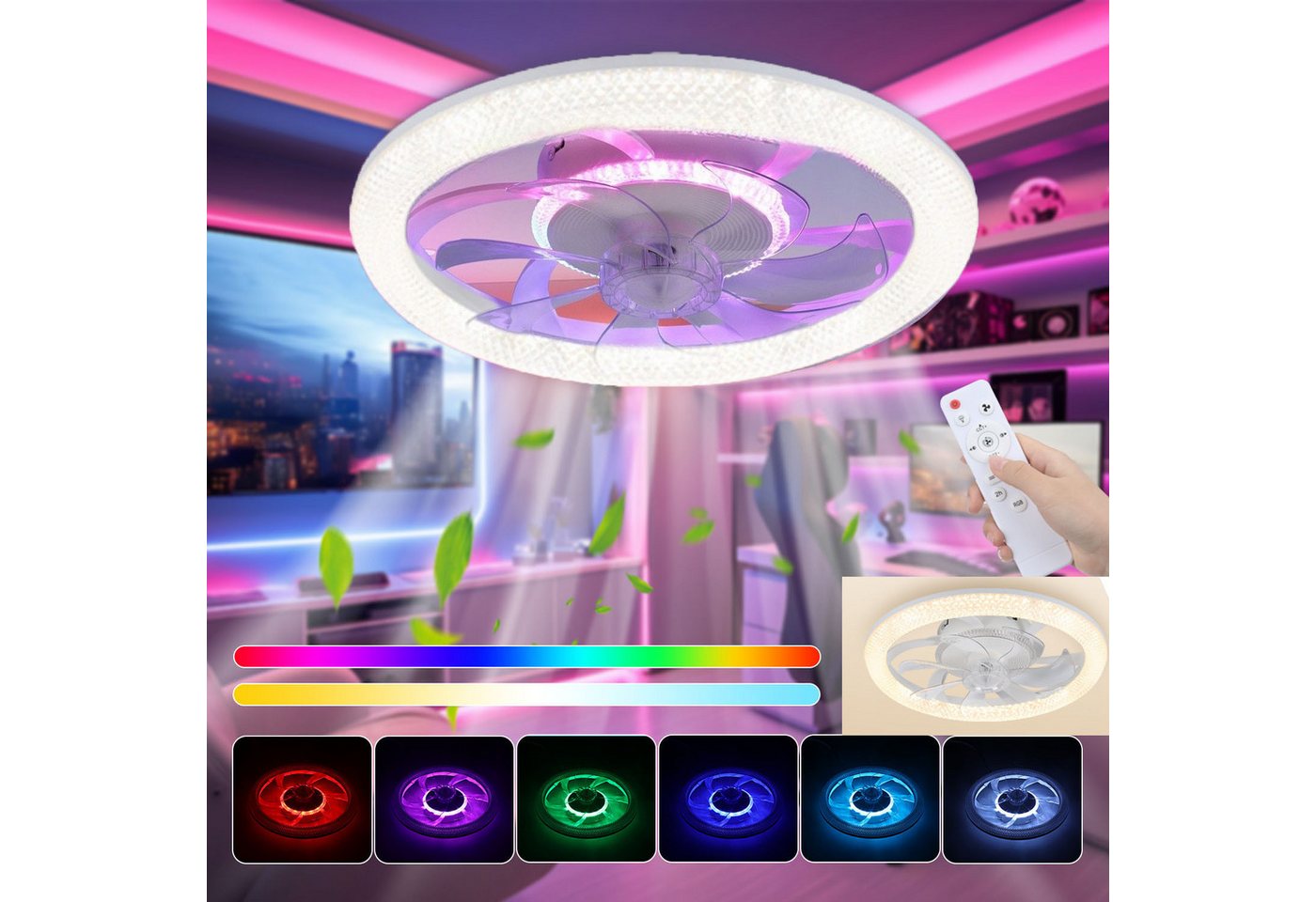 oyajia Deckenleuchte 55W RGB Deckenventilator mit LED Beleuchtung,Dimmbar mit Fernbedienung, LED fest integriert, RGB Farbwechsel (3000~6500K), Dimmbar LED Deckenventilator, für Wohnzimmer Schlafzimmer Küche Hotel von oyajia