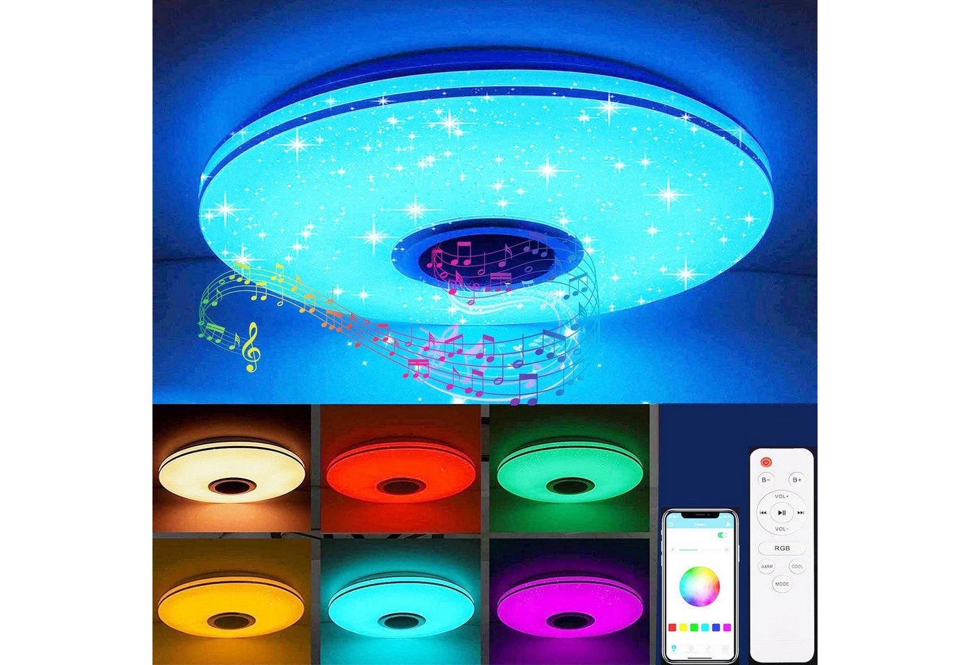 oyajia Deckenleuchte LED Deckenlampe mit Bluetooth Lautsprecher, RGB Dimmbar, LED fest integriert, RGB/Kaltweiß/Naturweiß/Warmweiß, Dimmbar mit Fernbedienung oder APP, für Schlafzimmer Küche Wohnzimmer von oyajia