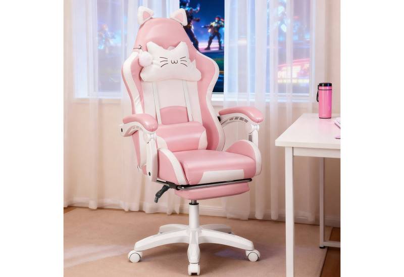oyajia Gaming-Stuhl Bürostuhl Ergonomisch mit Kopfstütze und Katzenohren, PU-Leder (Gamer Stuhl, Racing Computerstuhl PC Stuhl mit Fußstütze Kopfstütze, 1 St), 115-125cm verstellbare Sitzhöhe, mit Lendenwirbelstütze von oyajia