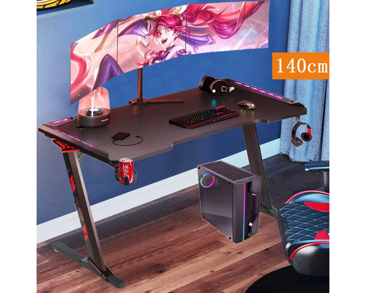 oyajia Gamingtisch Computer-Gaming-Schreibtisch mit LED, 120cm 140cm Gamingtisch Schwarz, Getränkehalter und Kopfhörerhaken, Z-förmiger PC-Gaming-Schreibtisch von oyajia