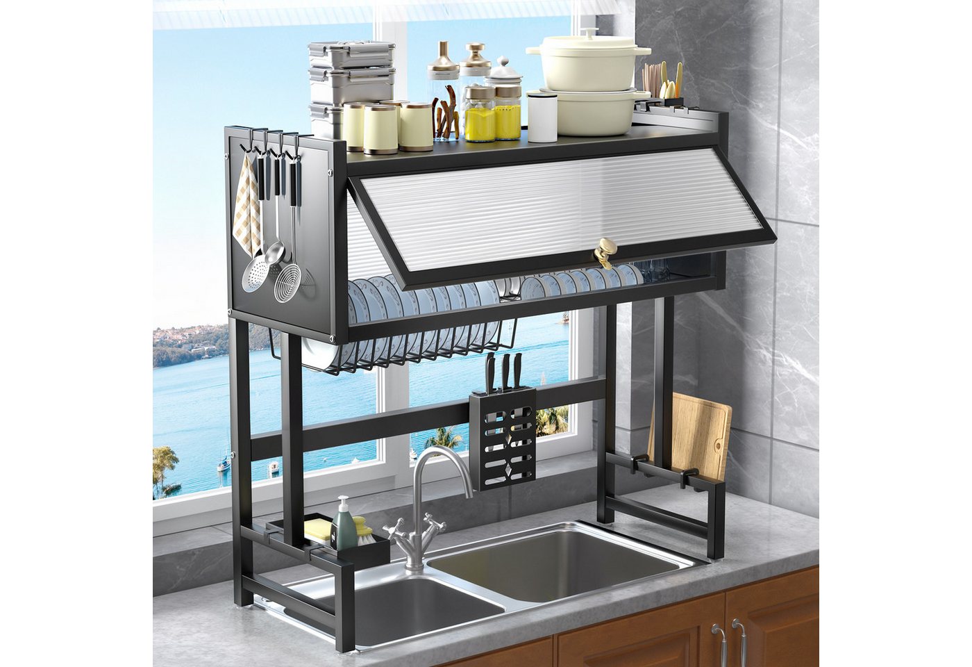 oyajia Geschirrständer Geschirrständer über Spüle mit Tür, 2-Stöckig aus Karbonstahl, Küchenregal mit Schiebetür, Haken & Ablagekorb, Rostfrei Schwarz oyajia Geschirrständer Geschirrständer über Spüle mit Tür, 2-Stöckig aus Karbonstahl, Küchenregal mit Schiebetür, Haken & Ablagekorb, Rostfrei Schwarz von oyajia