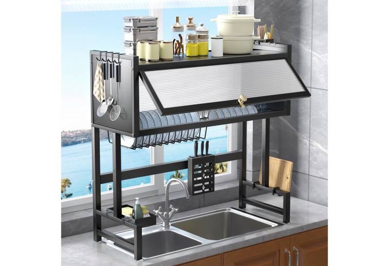 oyajia Geschirrständer Geschirrständer über Spüle mit Tür, 2-Stöckig aus Karbonstahl, Küchenregal mit Schiebetür, Haken & Ablagekorb, Rostfrei Schwarz oyajia Geschirrständer Geschirrständer über Spüle mit Tür, 2-Stöckig aus Karbonstahl, Küchenregal mit Schiebetür, Haken & Ablagekorb, Rostfrei Schwarz von oyajia
