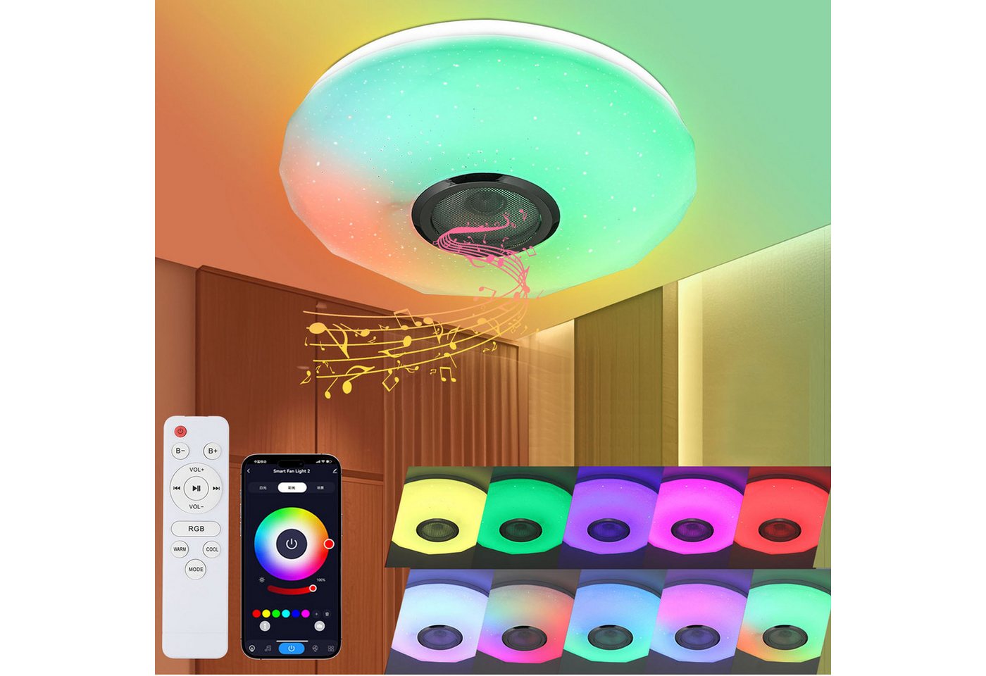 oyajia LED Deckenleuchte 30W LED Deckenlampe mit Bluetooth Lautsprecher, Sternenhimmel-Effekt, LED fest integriert, RGB, Dimmbar mit Fernbedienung APP Steuerung, für Schlafzimmer Bad Küche von oyajia