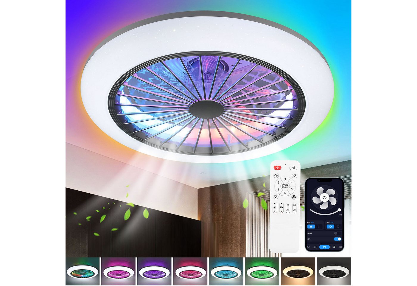 oyajia LED Deckenleuchte 50W Deckenleuchte RGB Farbwechsel, Leise Deckenventilator Dimmbare, LED fest integriert, Warmweiß, Naturweiß, Kaltweiß, RGB, Luftzirkulation Beleuchtung Funktion für Wohnzimmer Schlafzimmer Küche oyajia LED Deckenleuchte 50W Deckenleuchte RGB Farbwechsel, Leise Deckenventilator Dimmbare, LED fest integriert, Warmweiß, Naturweiß, Kaltweiß, RGB, Luftzirkulation Beleuchtung Funktion für Wohnzimmer Schlafzimmer Küche von oyajia