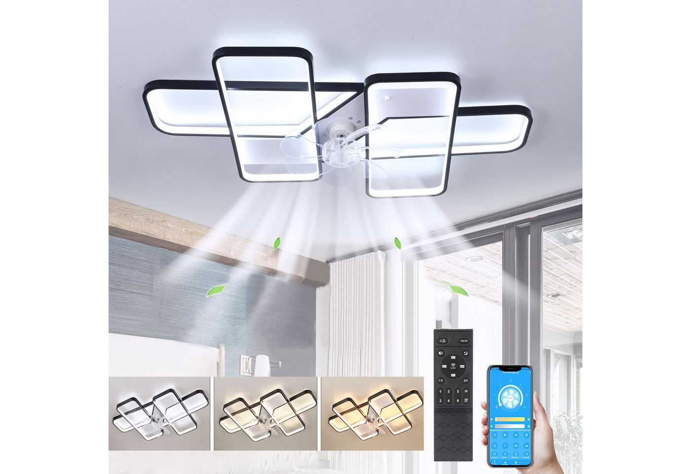 oyajia LED Deckenleuchte Geometrieform Deckenleuchte 90cm, mit Leise Deckenventilator Dimmbare, LED fest integriert, Warmweiß, Naturweiß, Kaltweiß, APP Control Deckenleuchte für Wohnzimmer Schlafzimmer Küche oyajia LED Deckenleuchte Geometrieform Deckenleuchte 90cm, mit Leise Deckenventilator Dimmbare, LED fest integriert, Warmweiß, Naturweiß, Kaltweiß, APP Control Deckenleuchte für Wohnzimmer Schlafzimmer Küche von oyajia