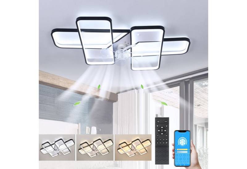 oyajia LED Deckenleuchte Geometrieform Deckenleuchte 90cm, mit Leise Deckenventilator Dimmbare, LED fest integriert, Warmweiß, Naturweiß, Kaltweiß, APP Control Deckenleuchte für Wohnzimmer Schlafzimmer Küche von oyajia