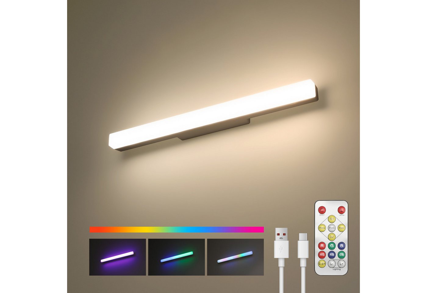 oyajia LED Spiegelleuchte 40cm Spiegelleuchte, Akku Magnetische Wandlamp Spiegel Frontleuchte, LED fest integriert, LED Wandleuchte Schminklicht, USB-Aufladung Schrankleuchten von oyajia