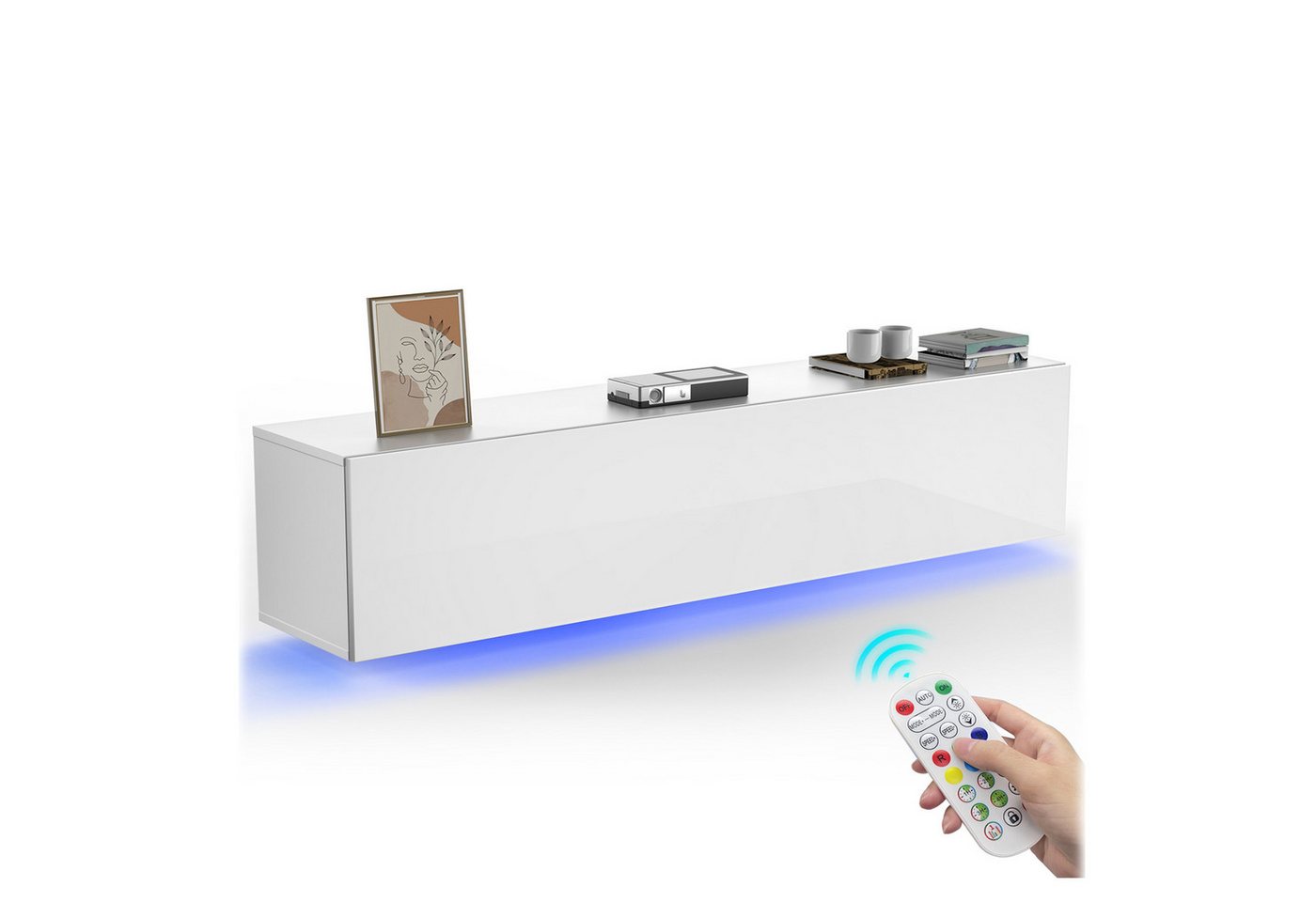 oyajia Lowboard TV-Schrank mit LED Beleuchtung, Lowboard 140 cm, Stehend und hängend, Hochglanz grifflose TV-Board, TV-Schrank für TVs bis zu 60 Zoll von oyajia