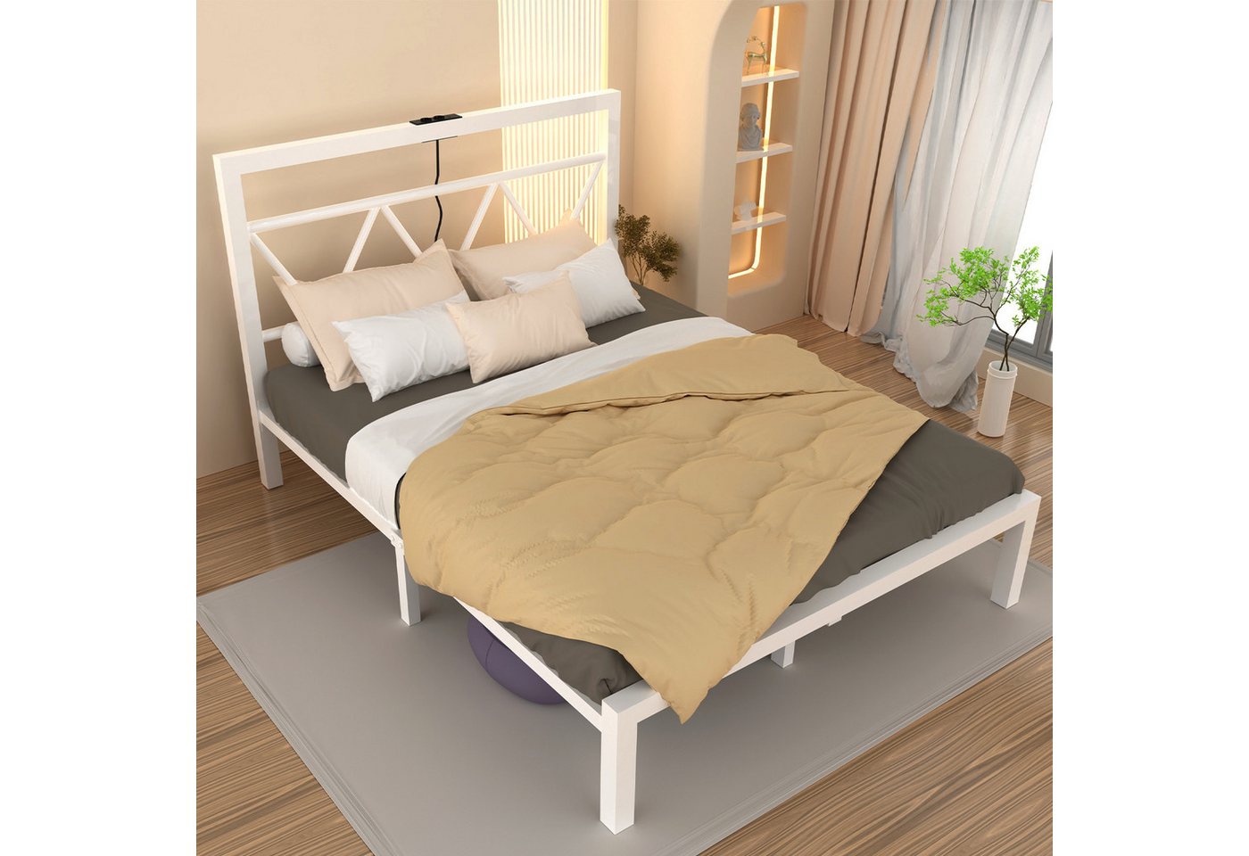 oyajia Metallbett Bettgestell mit Kopfteil, 90x200/140x200/160x200cm (Einzelbett/Doppelbett Metallbettrahmen,mit Lattenrost und Ladefunktion), 2AC + USB & TYPE-C,Minimalistischer von oyajia