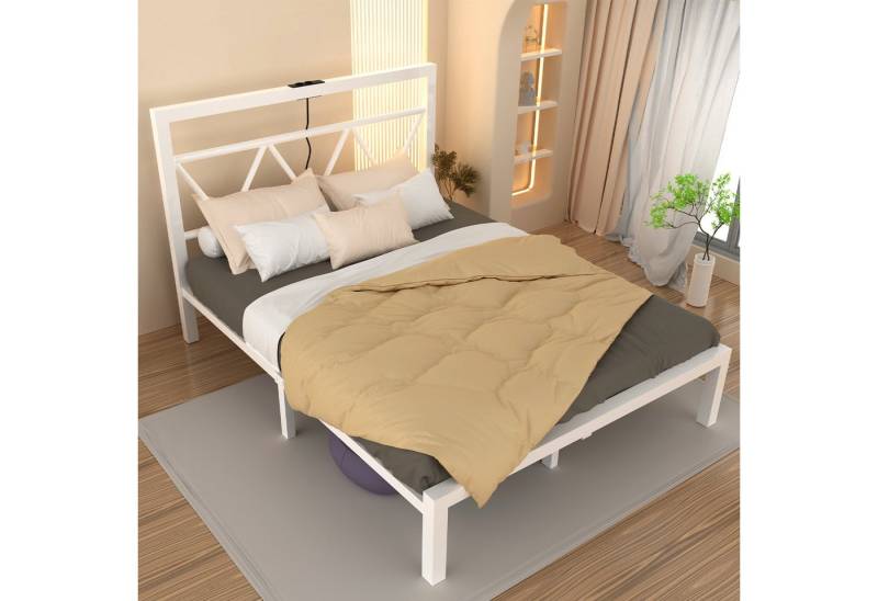 oyajia Metallbett Bettgestell mit Kopfteil, 90x200/140x200/160x200cm (Einzelbett/Doppelbett Metallbettrahmen,mit Lattenrost und Ladefunktion), 2AC + USB & TYPE-C,Minimalistischer von oyajia