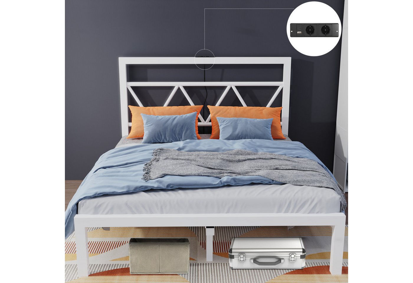 oyajia Metallbett Bettgestell mit Kopfteil, 90x200/140x200/160x200cm (Einzelbett/Doppelbett Metallbettrahmen,mit Lattenrost und Ladefunktion), 2AC + USB & TYPE-C,Minimalistischer von oyajia