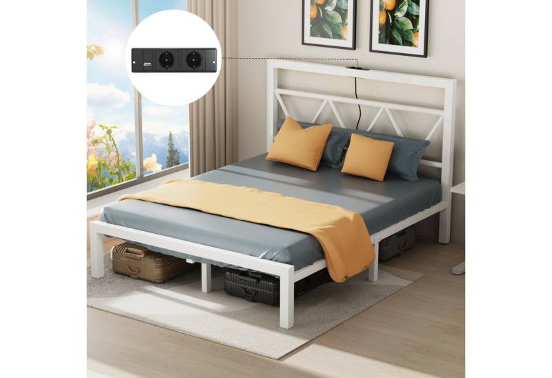 oyajia Metallbett Bettgestell mit Kopfteil, 90x200/140x200/160x200cm (Einzelbett/Doppelbett Metallbettrahmen,mit Lattenrost und Ladefunktion), 2AC + USB & TYPE-C,Minimalistischer von oyajia
