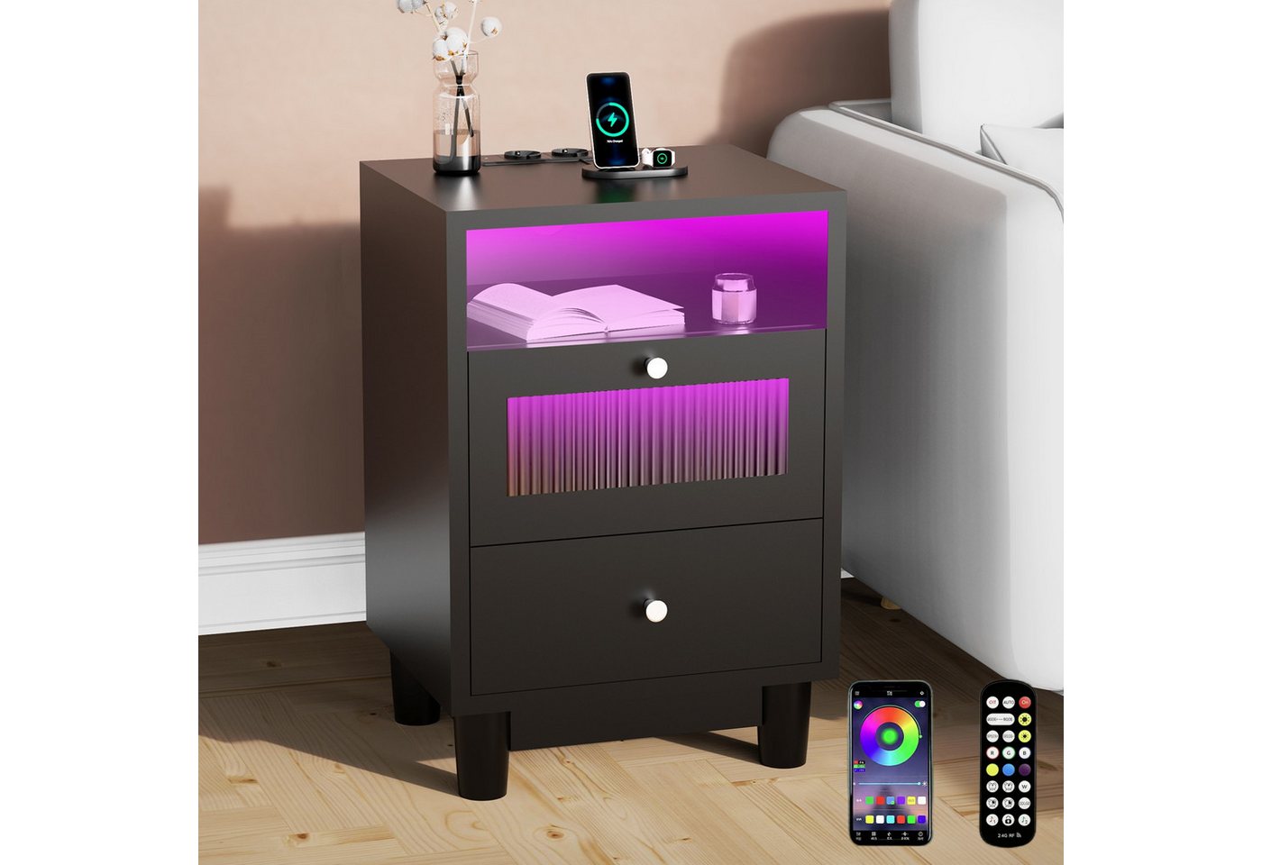 oyajia Nachttisch mit LED-Beleuchtung und Ladefunktion, Beistelltisch (Nachtschrank Beistelltisch mit 2 Schubladen und 1 offener Ablage, 1-St), 2 AC-Steckdosen, 1 typ C+1 USB-Anschlüsse, 40x35x61cm von oyajia