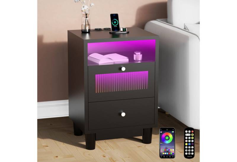 oyajia Nachttisch mit LED-Beleuchtung und Ladefunktion, Beistelltisch (Nachtschrank Beistelltisch mit 2 Schubladen und 1 offener Ablage, 1-St), 2 AC-Steckdosen, 1 typ C+1 USB-Anschlüsse, 40x35x61cm von oyajia