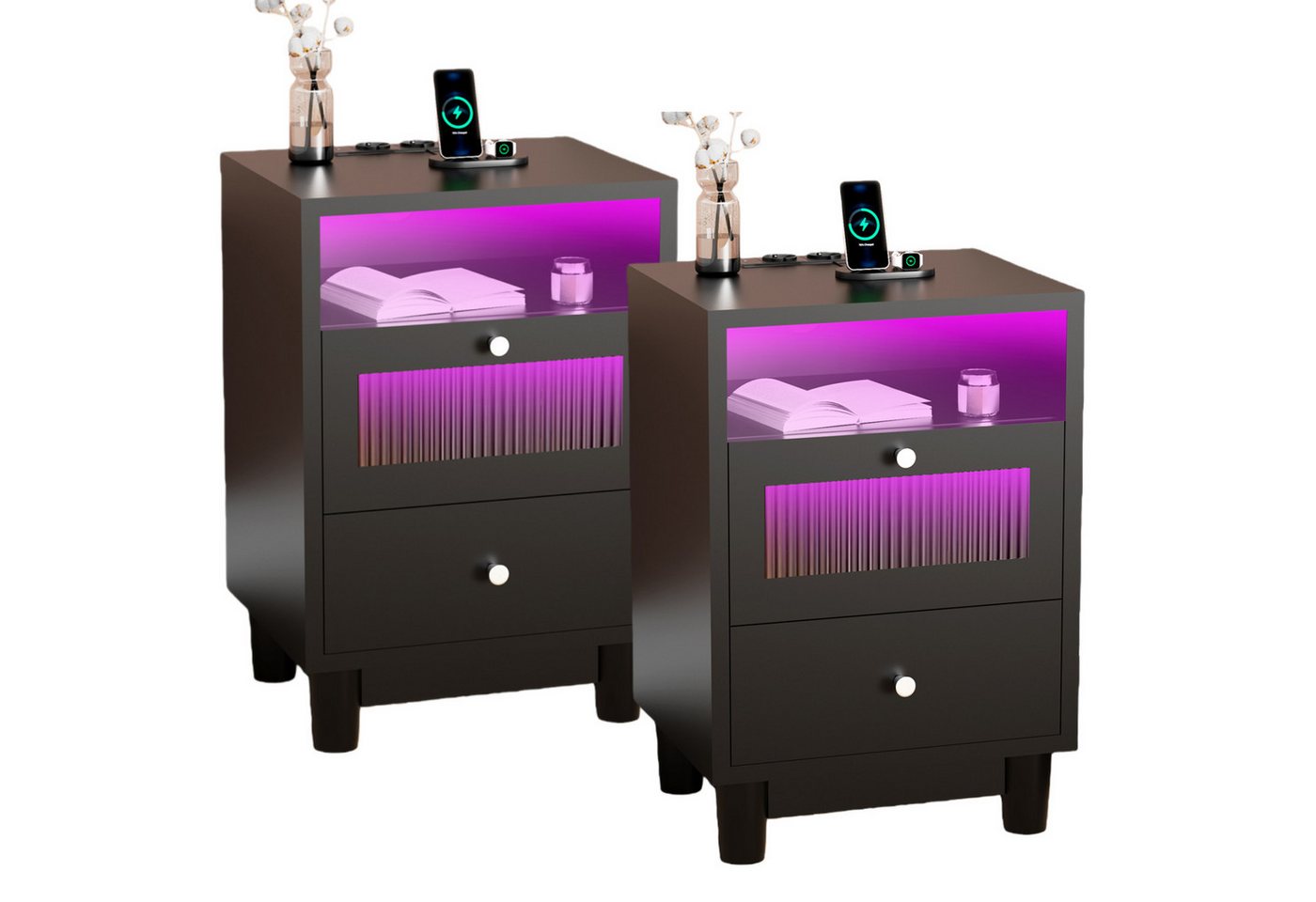 oyajia Nachttisch mit LED-Beleuchtung und Ladefunktion, Beistelltisch (Nachtschrank Beistelltisch mit 2 Schubladen und 1 offener Ablage, 2-St), 2 AC-Steckdosen, 1 typ C+1 USB-Anschlüsse, 40x35x61cm von oyajia