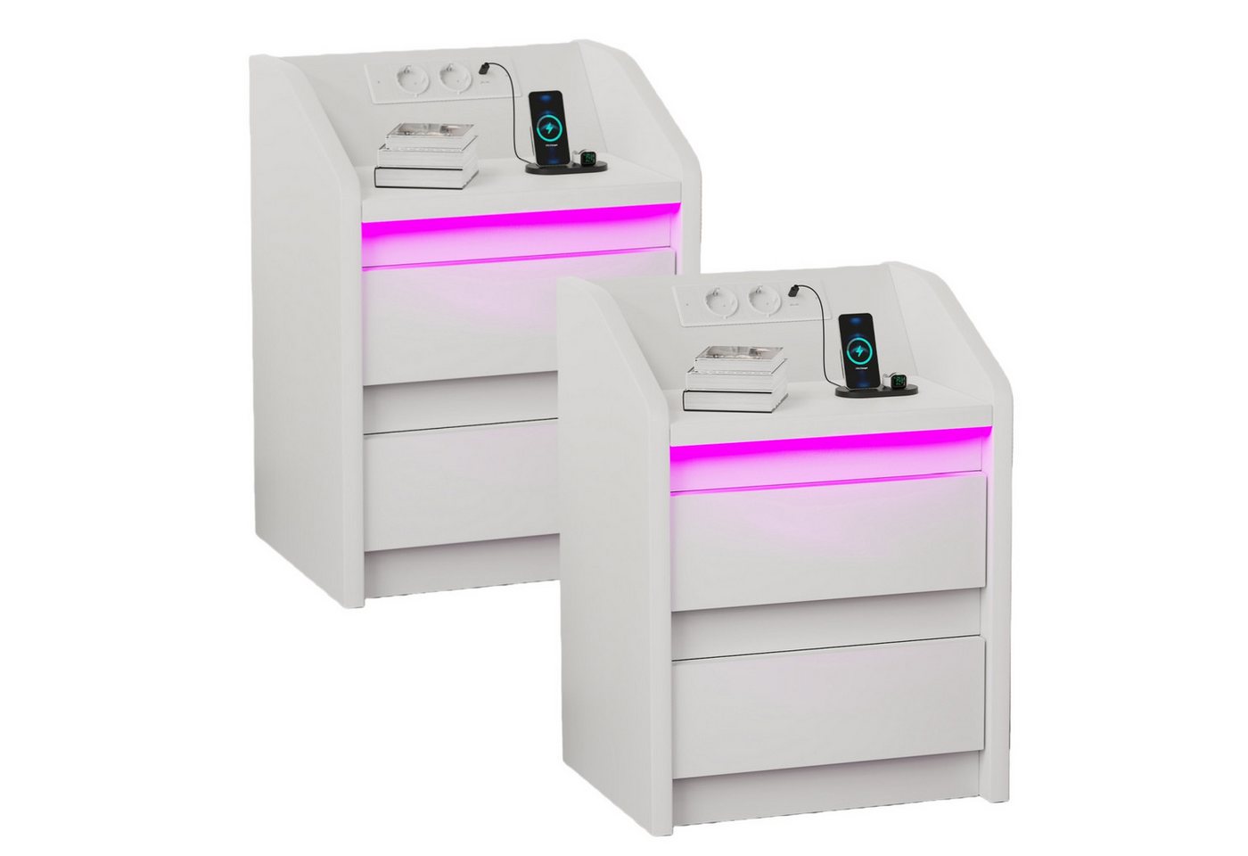 oyajia Nachttisch mit LED-Licht - Beistelltisch und Ladestation (LED-Beleuchtung-Steuerbar per Fernbedienung oder App, 2-St), mit 2 AC, 1 USB & 1 Type-C Anschlüsse von oyajia