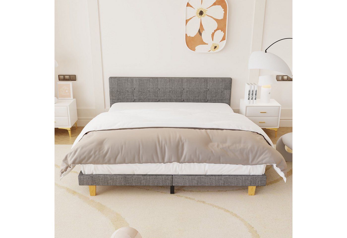 oyajia Polsterbett Bettrahmen Doppelbett, Bettrahmen mit Kopfteil und Lattenrost (90/120/140/160/180* 200cm Polsterbett Bettgestell), Polsterbett mit Kopfteil, Stabiler Jugendbett Stoffbett mit Lattenrost von oyajia
