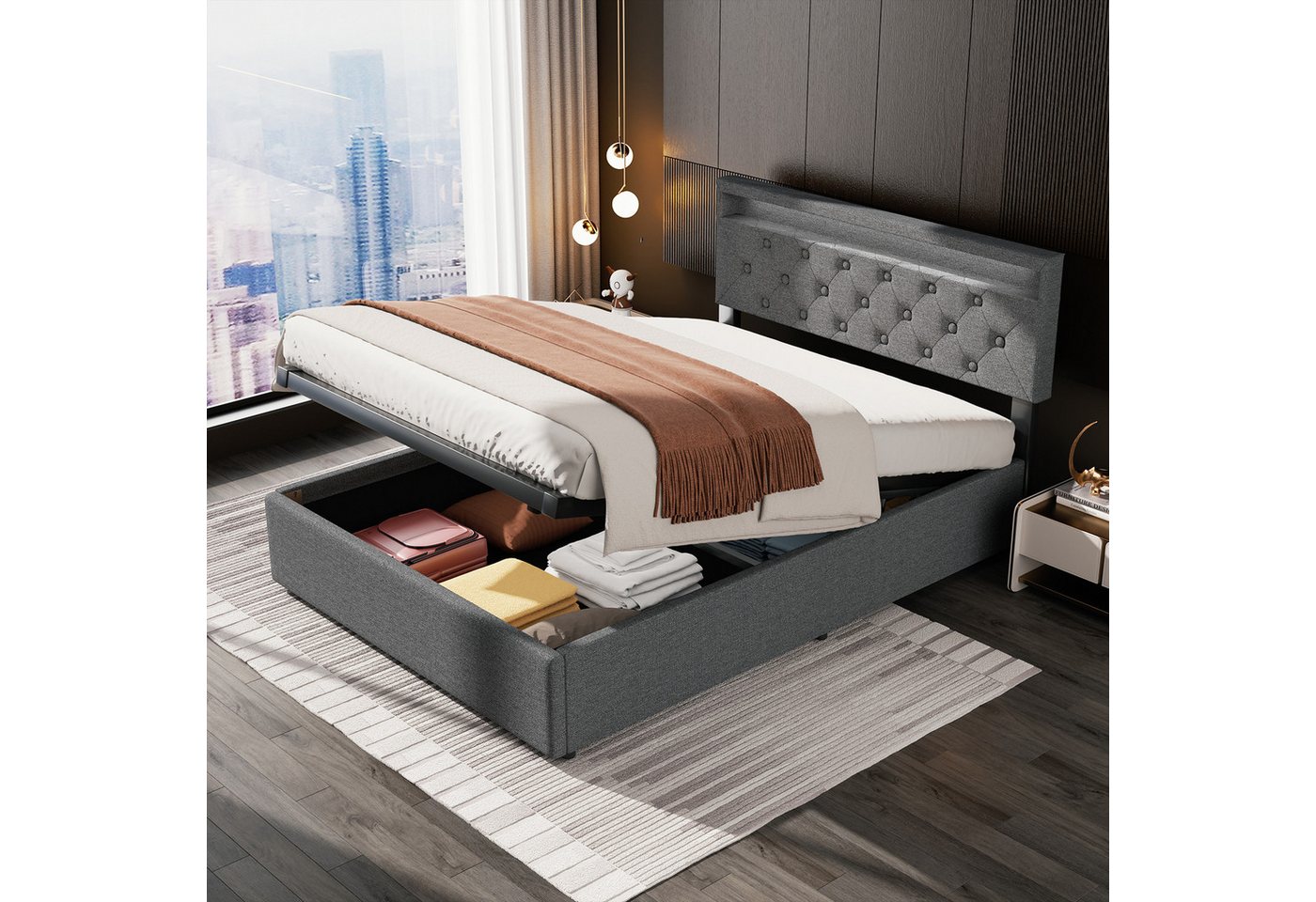 oyajia Polsterbett Doppelbett 140x200cm,Hydraulisch anhebbarer Stauraumbett,Jugendbett (Mit Lattenrost und Ladefunktion, Leinenmaterial Polsterbett), Modernes Jugendbett, Leises Design Bett, Max. Belastbarkeit 350 kg von oyajia