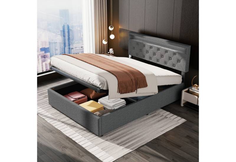 oyajia Polsterbett Doppelbett 140x200cm,Hydraulisch anhebbarer Stauraumbett,Jugendbett (Mit Lattenrost und Ladefunktion, Leinenmaterial Polsterbett), Modernes Jugendbett, Leises Design Bett, Max. Belastbarkeit 350 kg von oyajia