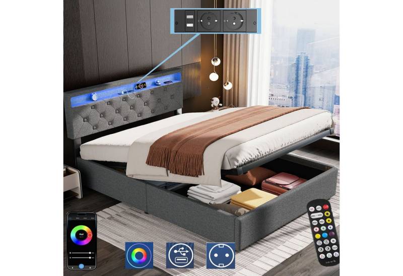 oyajia Polsterbett Doppelbett mit LED Licht 140x200cm,Hydraulisch anhebbarer Stauraumbett, Modernes Jugendbett, Leises Design Bett, Max. Belastbarkeit 350 kg von oyajia