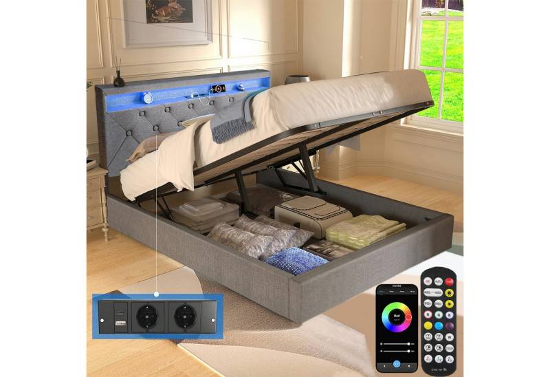 oyajia Polsterbett Doppelbett mit LED Licht 140x200cm,Hydraulisch anhebbarer Stauraumbett (Mit Lattenrost und Ladefunktion, Leinenmaterial Polsterbett), Modernes Jugendbett, Leises Design Bett, Max. Belastbarkeit 350 kg von oyajia