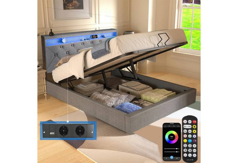 oyajia Polsterbett Doppelbett mit LED Licht 140x200cm,Hydraulisch anhebbarer Stauraumbett (Mit Lattenrost und Ladefunktion, Leinenmaterial Polsterbett), Modernes Jugendbett, Leises Design Bett, Max. Belastbarkeit 350 kg von oyajia