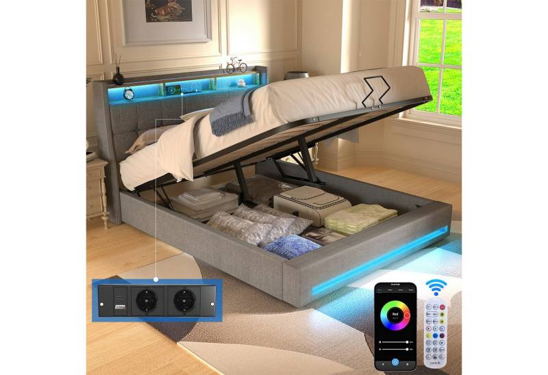 oyajia Polsterbett Doppelbett mit LED Licht 140x200cm,Hydraulisch anhebbarer Stauraumbett (Mit Lattenrost und Ladefunktion, Leinenmaterial Polsterbett), Modernes Jugendbett, Leises Design Bett, Max. Belastbarkeit 350 kg von oyajia