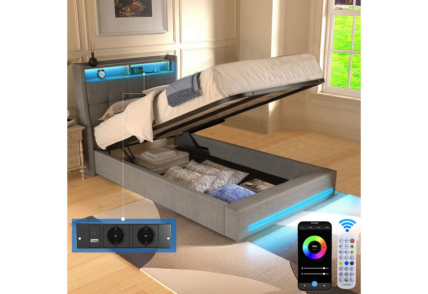 oyajia Polsterbett Doppelbett mit LED Licht 140x200cm,Hydraulisch anhebbarer Stauraumbett (Mit Lattenrost und Ladefunktion, Leinenmaterial Polsterbett), Modernes Jugendbett, Leises Design Bett, Max. Belastbarkeit 350 kg von oyajia
