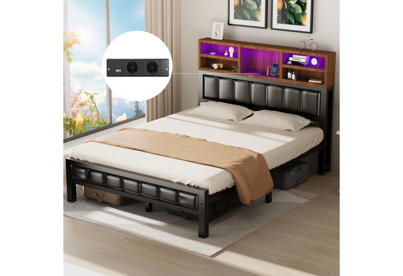 oyajia Polsterbett Doppelbett mit LED Licht 140x200cm,Stauraumkopfteil (Mit Lattenrost und Ladefunktion,PU-Leder material Polsterbett), Modernes Jugendbett, Leises Design Bett, Max. Belastbarkeit 200/272 kg von oyajia