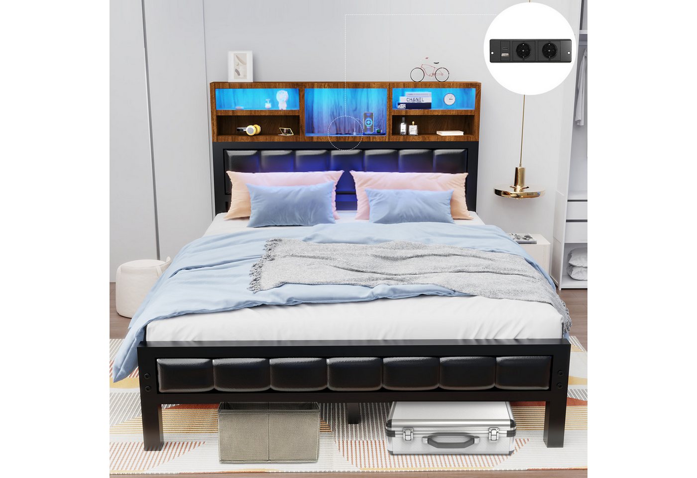oyajia Polsterbett Doppelbett mit LED Licht 140x200cm,Stauraumkopfteil (Mit Lattenrost und Ladefunktion,PU-Leder material Polsterbett), Modernes Jugendbett, Leises Design Bett, Max. Belastbarkeit 200/272 kg von oyajia