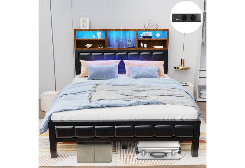 oyajia Polsterbett Doppelbett mit LED Licht 140x200cm,Stauraumkopfteil (Mit Lattenrost und Ladefunktion,PU-Leder material Polsterbett), Modernes Jugendbett, Leises Design Bett, Max. Belastbarkeit 200/272 kg von oyajia