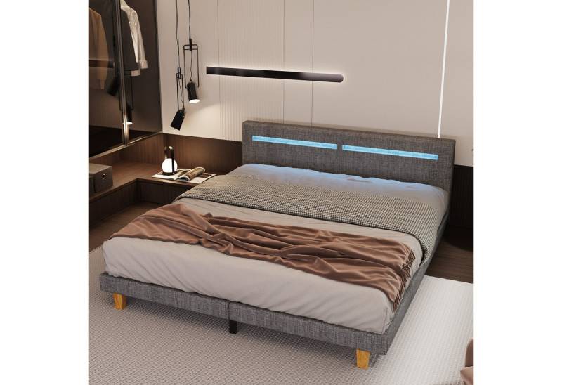 oyajia Polsterbett Doppelbett mit Lattenrost, LED-Beleuchtung und Fernbedienung (Leinen, Modernes Jugendbett, Leises Design Bett, Max. Belastbarkeit 360 kg), Doppelbett mit gepolstertem Kopfteil, robustes Gestell, Liegekomfort von oyajia