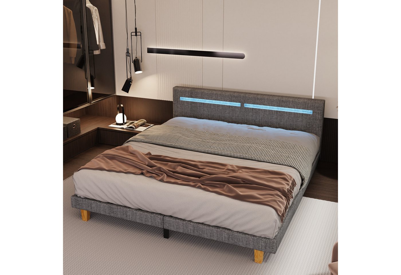 oyajia Polsterbett Doppelbett mit Lattenrost, LED-Beleuchtung und Fernbedienung (Leinen, Modernes Jugendbett, Leises Design Bett, Max. Belastbarkeit 360 kg), Doppelbett mit gepolstertem Kopfteil, robustes Gestell, Liegekomfort von oyajia