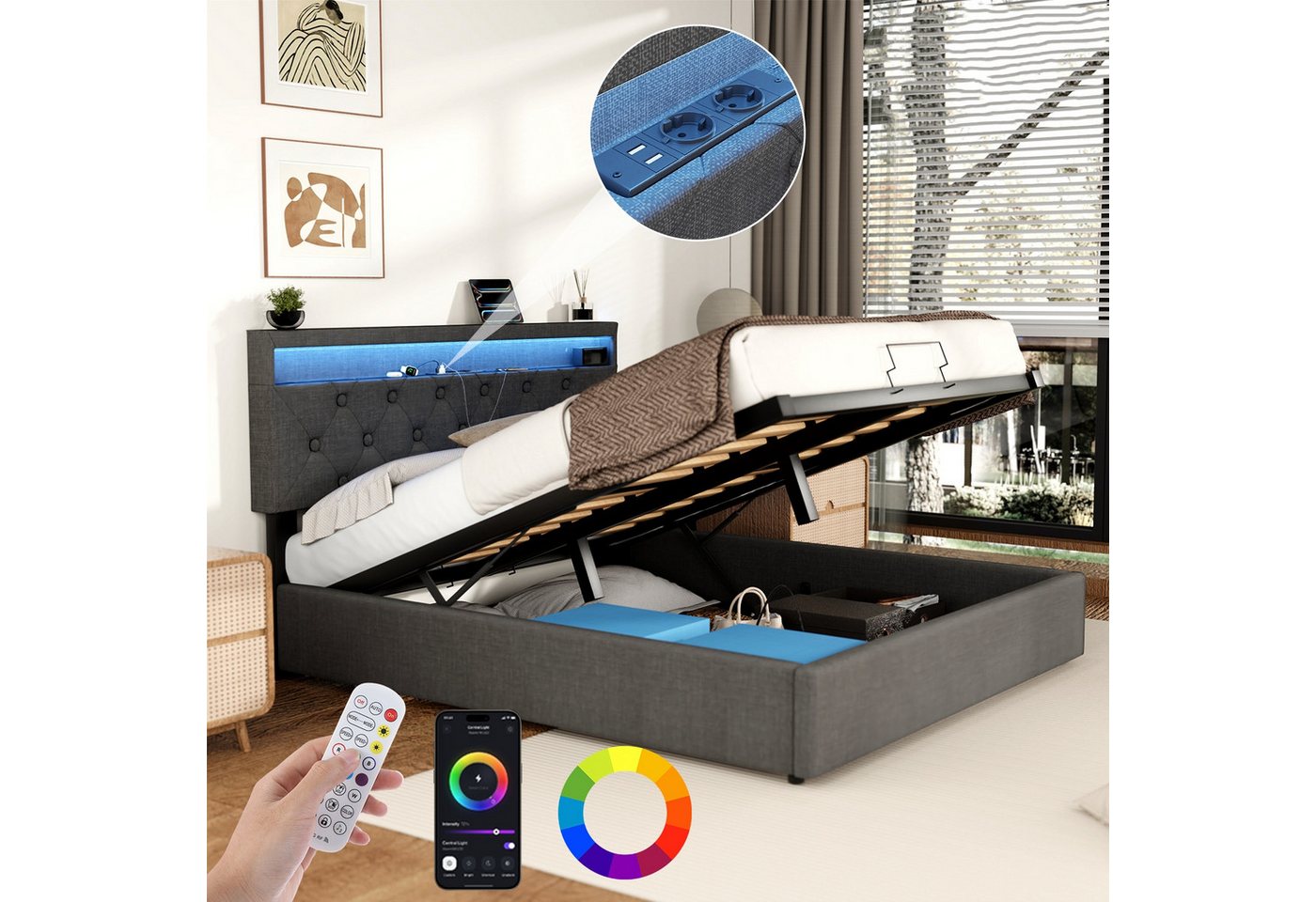 oyajia Polsterbett Doppelbett mit Steckdosen & LED Beleuchtung,Hydraulischem Stauraum (Funktionbett mit Hydraulikstange,Tragfähigkeit: 365kg, Strapazierfähig,Metallrahmen), Bettgestell mit Lattenrost,Leinenmaterial Polsterbett, ohne matratze von oyajia