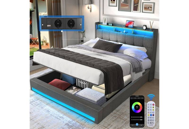 oyajia Polsterbett Hydraulisch Bett LED Doppelbett 160x200cm, mit Stauraum und Lattenrost (Kopfteil mit Ablage und USB-Ladefunktion, mit Bettkasten zum aufklappen), Doppelbett mit gepolstertem, robustes Gestell, hoher Liegekomfort von oyajia