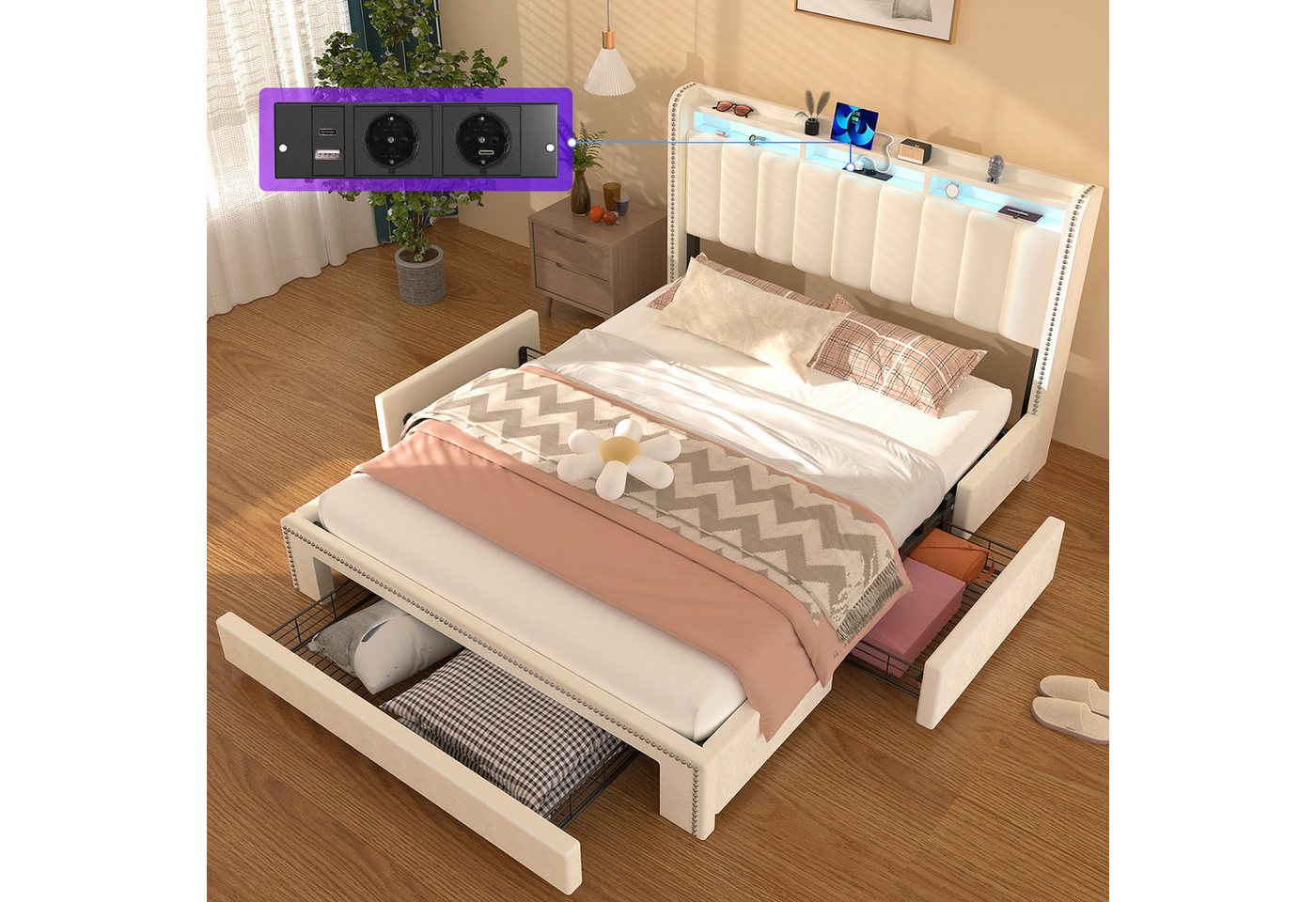 oyajia Polsterbett LED-Beleuchtung Doppelbett 140x200cm mit Ladefunktion und 3 Schubladen (Mit Lattenrost und Ladefunktion, PU-Leder material Polsterbett), Funktionsbett Stauraumbetten Jugendbett Bettgestell Leises Design Bett von oyajia