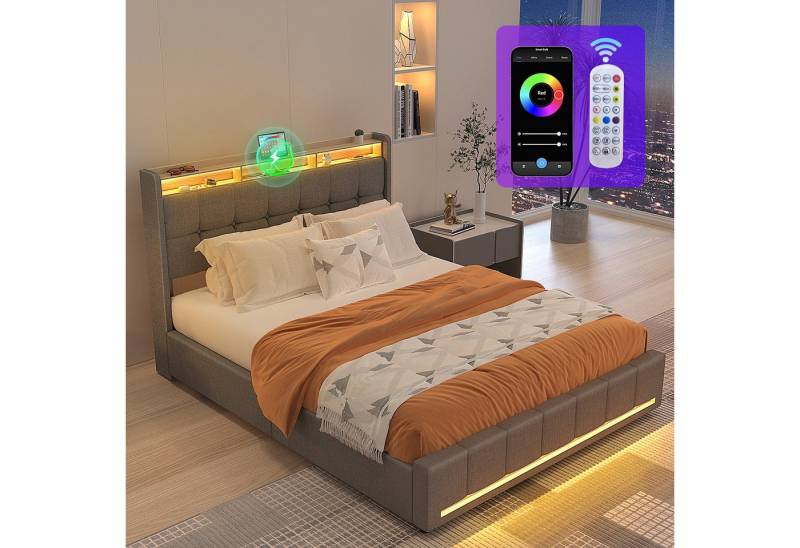 oyajia Polsterbett LED Doppelbett 140x200 cm mit 4 Schubkästen und Kopfteil, Ladefunktion (Mit Lattenrost und Ladefunktion, Leinenmaterial Polsterbett), Leises Design Bett, 4 Ausziehbare Schubladen,Modernes Jugendbett von oyajia