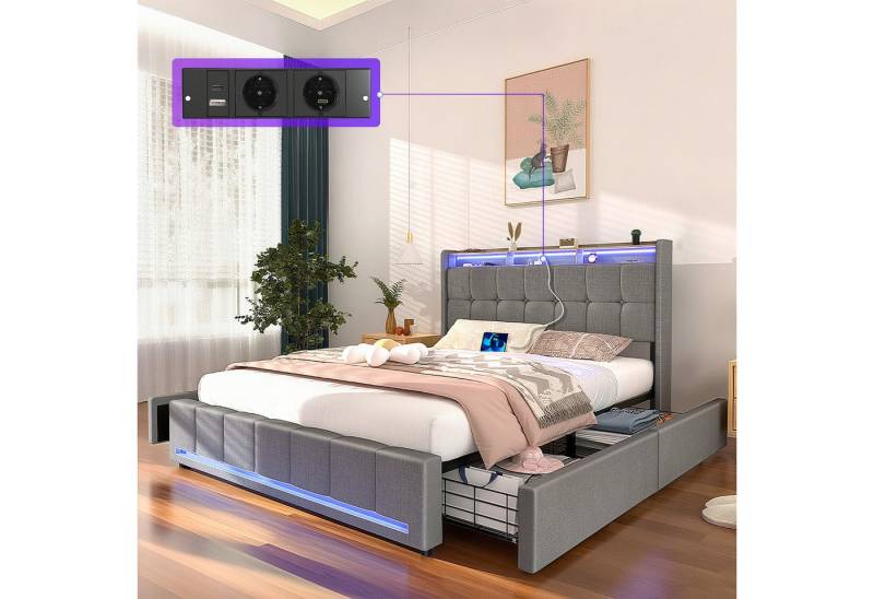 oyajia Polsterbett LED Doppelbett 140x200 cm mit 4 Schubkästen und Kopfteil, Ladefunktion (Mit Lattenrost und Ladefunktion, Leinenmaterial Polsterbett), Leises Design Bett, 4 Ausziehbare Schubladen,Modernes Jugendbett von oyajia