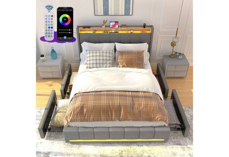 oyajia Polsterbett LED Doppelbett 140x200 cm mit 4 Schubkästen und Kopfteil, Ladefunktion (Mit Lattenrost und Ladefunktion, Leinenmaterial Polsterbett), Leises Design Bett, 4 Ausziehbare Schubladen,Modernes Jugendbett von oyajia