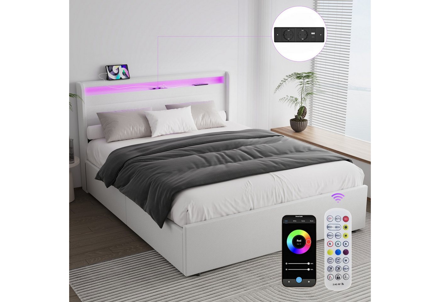 oyajia Polsterbett LED Doppelbett 140x200 cm mit 4 Schubkästen und Kopfteil (LED-Polsterbett mit USB, PU-Leder Material Polsterbett mit Metall Bettgestell, Stauraumbett), Modernes Jugendbett, Leises Design Bett, 4 Ausziehbare Schubladen von oyajia