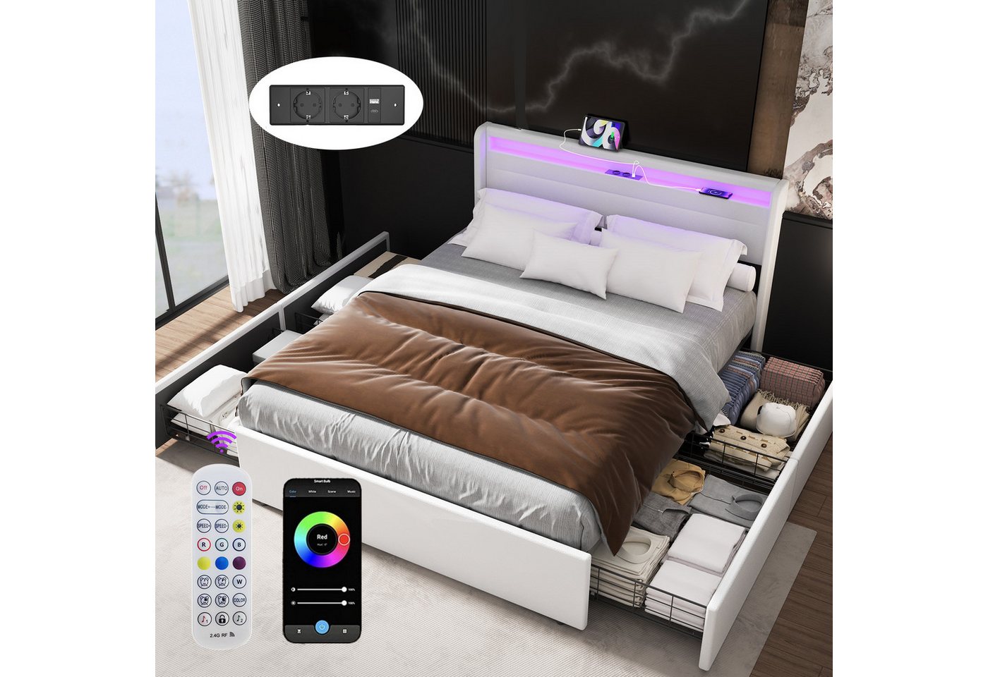 oyajia Polsterbett Polsterbett 140x200cm Doppelbett Stauraumbett mit USB LED Bettgestell (Polsterbett mit USB-Buchse & LED-Kopfteil Stauraumbett), Doppelbett 140x200cm, Bettgestell mit 4 Schubladen und LED-Licht von oyajia