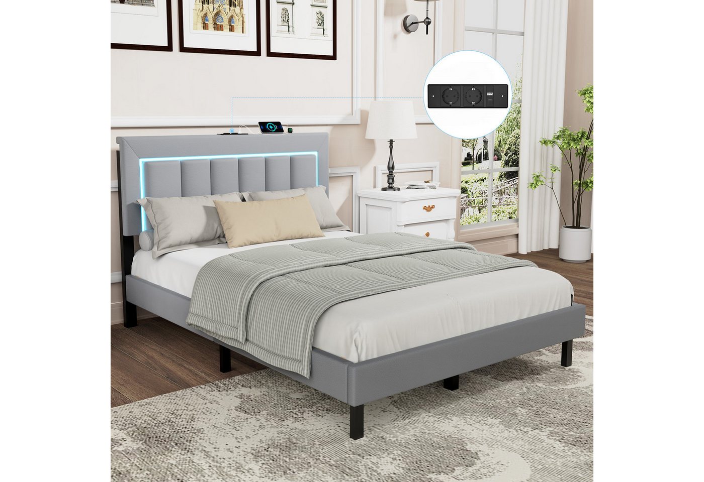 oyajia Polsterbett Polsterbett Doppelbett mit USB+Type C und LED-Beleuchtung (Jugendbett, Bettgestell), 90/140x 200 cm,Gepolstert,Kunstleder,mit Kopfteil und Lamellen von oyajia