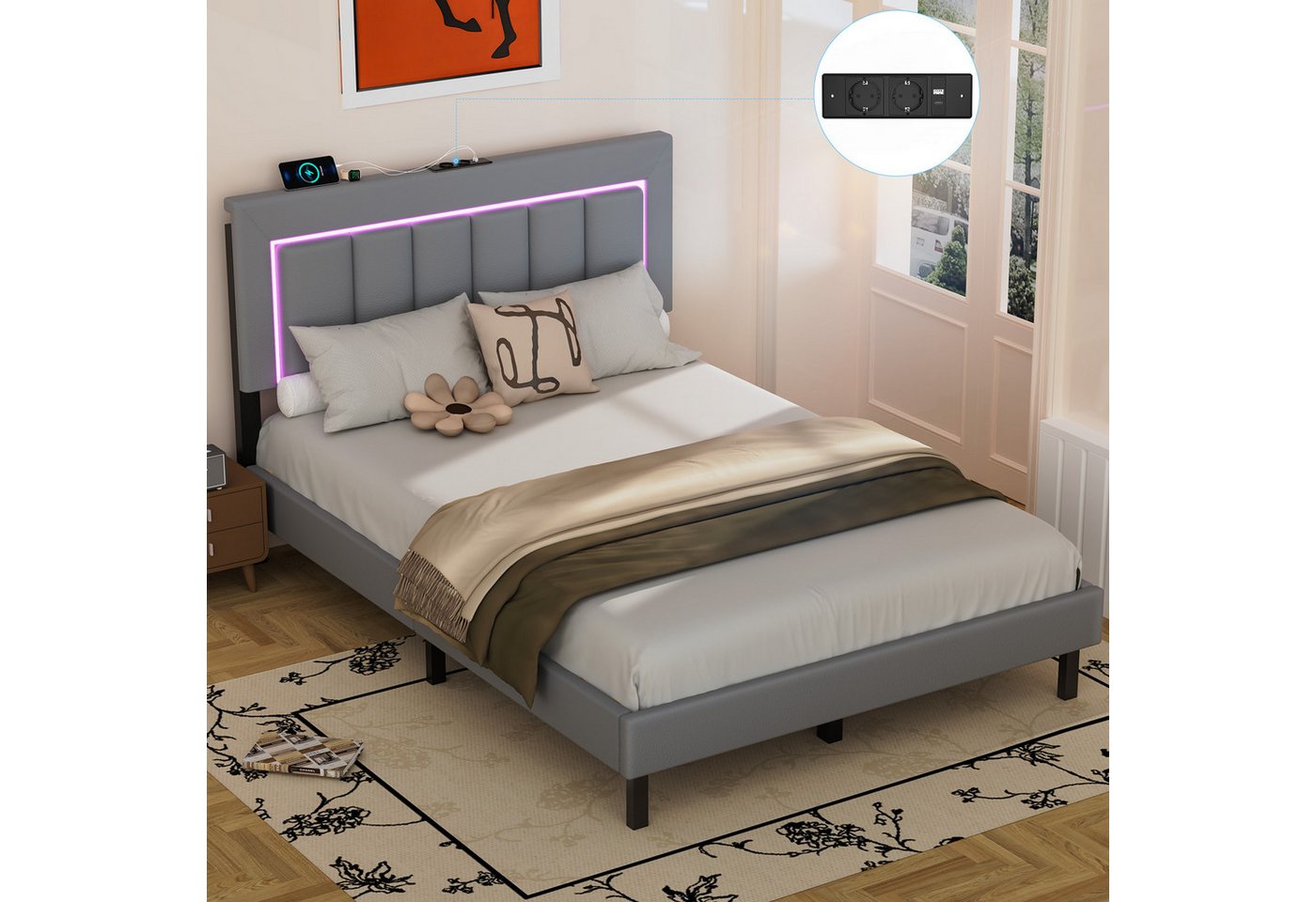 oyajia Polsterbett Polsterbett Doppelbett mit USB+Type C und LED-Beleuchtung (Jugendbett, Bettgestell), 90/140x 200 cm,Gepolstert,Kunstleder,mit Kopfteil und Lamellen von oyajia