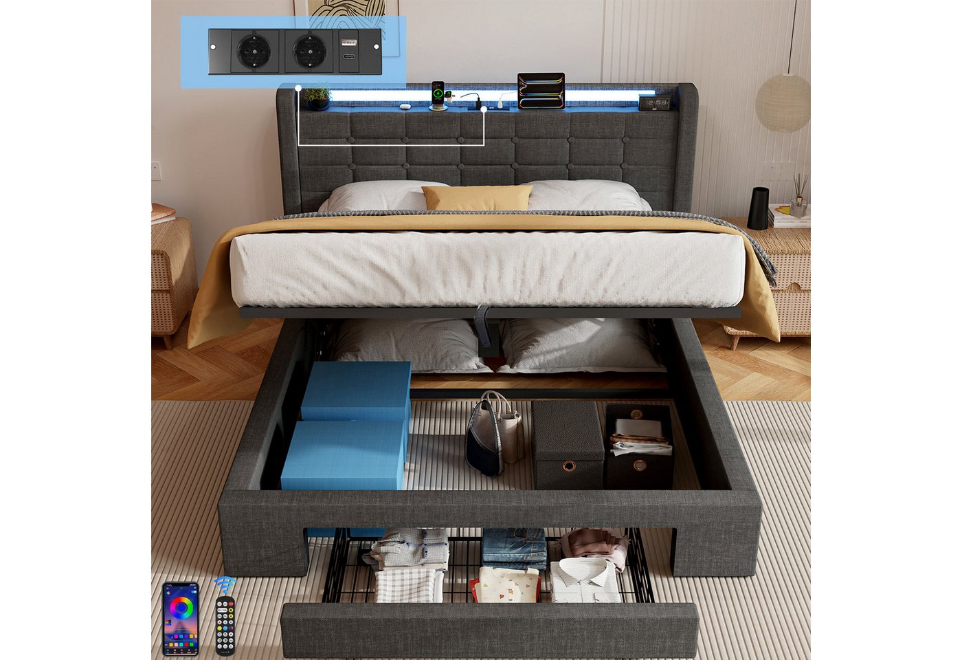 oyajia Polsterbett Stauraumbett Doppelbett mit LED Beleuchtung mit Ladefunktion (Type-C + USB, Hydraulisch hebbarer Stauraum), Funktionsbett Stauraumbetten Jugendbett Bettgestell Leises Design Bett von oyajia